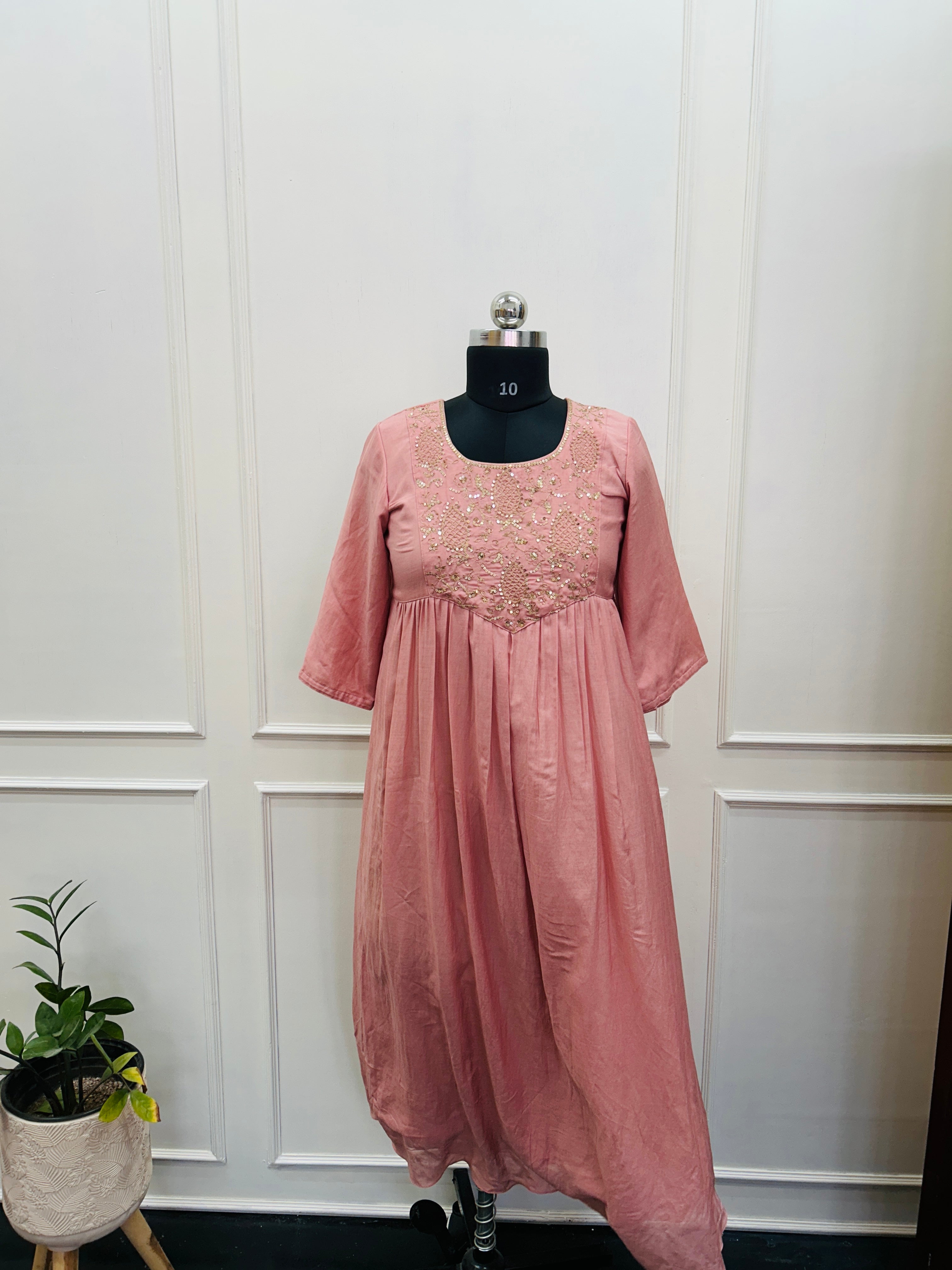 Pink chanderi handwork kurti